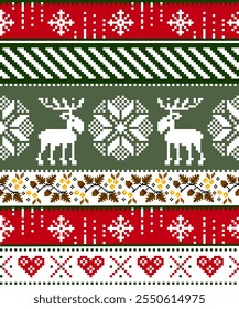 Christmas abstract art background, print, fabric, handmade, embroidery, Pixel pattern, seamless Geometric ethnic oriental, wallpaper, clothing, wrapping, Batik, fabric, and illustration, reindeer.