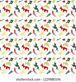 Christmas abstract art vector seamless pattern golden, red and green intricate outlines on a white background  for bedding, textile, wallpaper, wrapping, cover page, web site, card.