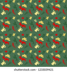 Christmas abstract art vector seamless pattern golden, red and green intricate outlines on a bright green background  for bedding, textile, wallpaper, wrapping, cover page, web site, card.