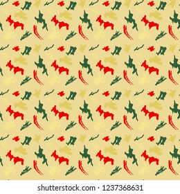 Christmas abstract art vector seamless pattern red and green intricate outlines on a golden background  for textile, wallpaper, wrapping, cover page, web site, card, business banner, leather.