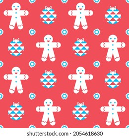 Christmas abstract background with gingerbread man and balls. Decorative texture for wallpaper, wrapping paper, textile, home decor
