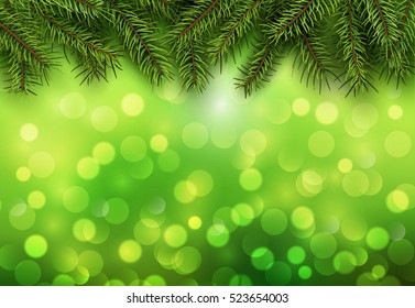 Abstrakter Weihnachtshintergrund grün blinkt Bokeh mit Kiefern.