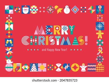 Christmas abstract background with lettering greeting, decorative frame made of festive symbols. Geometric decorative elements. Modern creative concept for poster, invitation, cover, banner, party.