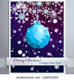 Christmas abstract background with polygonal ball  and snowflakes. Vector illustration.