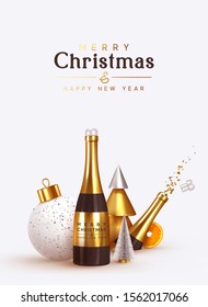 Christmas abstract background. Realistic design objects, explosion cork from bottle champagne wines, 3d render metal conical golden tree, lush green tree, orange, white big ball, glitter gold confetti