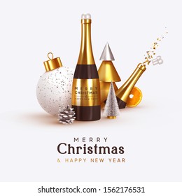Arrière-plan abstrait Noël. Objets de design réalistes, liège explosant des vins de champagne de bouteille, arbre conique en métal, arbre vert luxuriant, orange, grand ballon blanc, confetti doré