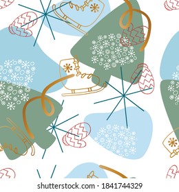 Christmas abstract background. Snowflakes and skates, Christmas tree. Vector seamless pattern