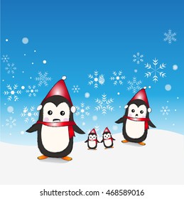Christmas abstract background vector. Snow and family penguin, penguin Kids. Penguins, animals for children.