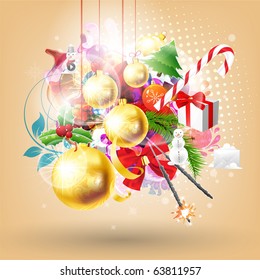 Christmas abstract background for xmas design with candy, snowman, sparkler, gift, fur tree and holly wreath for xmas design. eps 10