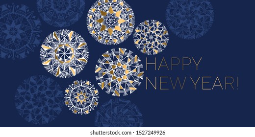 Christmas abstract baubles elegant geometric header.Elegant mandala style snowflakes header composition. Luxury marine blue winter snow flakes for card, header, invitation, poster, social media