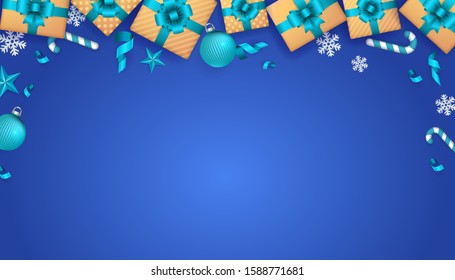 christmas abstract blue vector background with glitter decoration elements gift boxes and snowflakes happy vacation star snow colourful party abstract holiday background scene colorful ball space gold