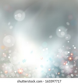 Christmas abstract bokeh vector background with snowflakes, blurred lights, crystals. Xmas winter modern art design in silver colors