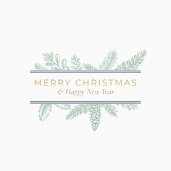 Christmas Abstract Botanical Label With Rectangle Frame Banner And Modern Typography. Green, Grey And Pink Pastel Colors Greeting Layout. Isolated.