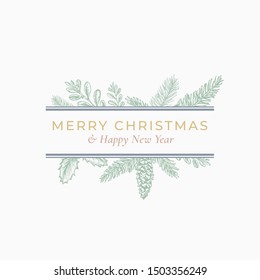 Christmas Abstract Botanical Label with Rectangle Frame Banner and Modern Typography. Green, Grey and Pink Pastel Colors Greeting Layout. Isolated.