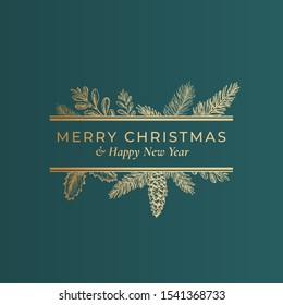 Christmas Abstract Botanical Label with Rectangle Frame Banner and Modern Typography. Classy Green and Golden Colors Greeting Layout. Holiday Social Media Post Template. Isolated.