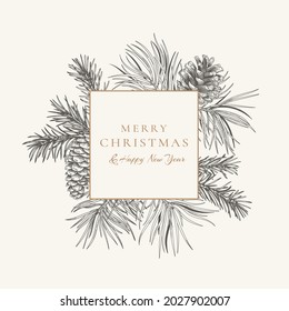 Christmas abstract card with fir and pine branches and cones. Botanical illustration. Coniferous square frame. Vector winter logo isolated on white background. Sketch. Black and White.