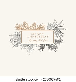 Christmas abstract card with fir and pine branches and cones. Rectangle frame. Botanical illustration . Vector winter logo. Black background and golden greeting. Sketch Layout.