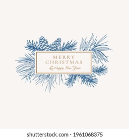 Christmas abstract card with rectangle frame. Botanical illustration with fir and pine branches and cones. Vector winter card. Blue background and golden greeting. Sketch Layout.
