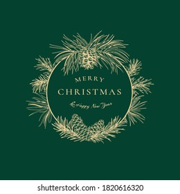 Christmas abstract card with round frame. Botanical illustration with pine and spruce. Vector.  Green background and golden pattern. 