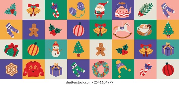 Christmas abstract colorful geometric background with Christmas tree, snowman, gifts, gingerbread, holiday sweater, wreath, and ornaments. Bauhaus style. Bright vector illustrations. 