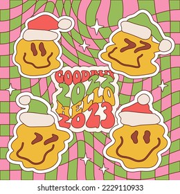 Christmas abstract comic faces in Santa hats set with various fun emotions on a checkered background. Different melting characters. Trendy retro print in style 60s, 70s. Vector linear illustration.