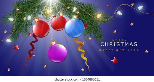 Christmas abstract decoration banner with balls and garland lights on blue background. Vector illustration.