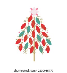 Christmas abstract decorative tree. Christmas tree formed from green, red, gold leaves. Modern Xmas design decorations. New year greetings. Winter holidays card design. Flat vector.