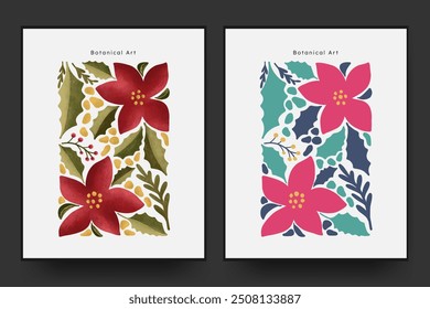 Christmas abstract floral matisse minimal style. hand drawn flat and textured design art set for wall decor, post card, poster, cover. 