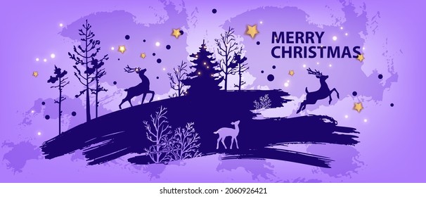 Christmas abstract forest background, vector winter x-mas landscape silhouette, pine tree outline, deer. North graphic nature postcard, blue brushstroke, night sky, stars scene. Christmas forest 