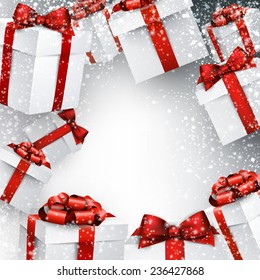 Christmas abstract frame. Holiday background with gift boxes. Vector. 