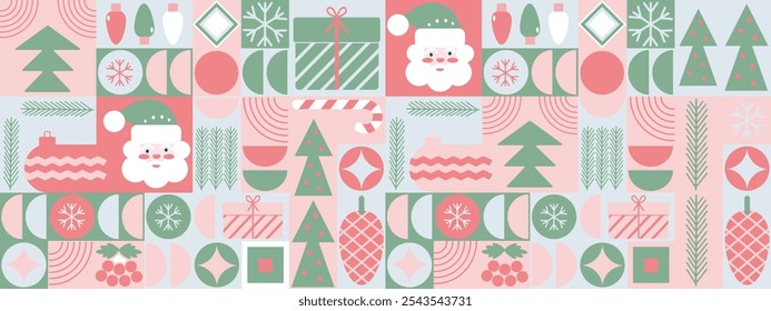 Christmas abstract geometric background in bauhaus style. Seamless festive vector mosaic, minimal scandinavian ornament. Merry Christmas, wallpaper, banner, festive cover design. Winter holiday.