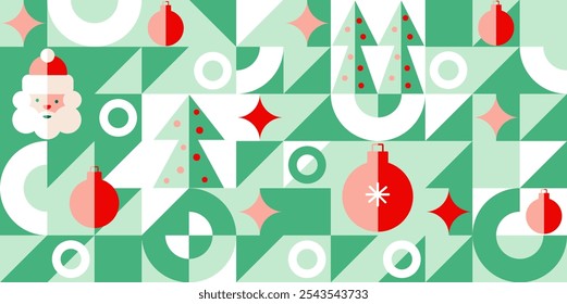 Navidades de fondo geométrico abstracto en estilo Bauhaus. Mosaico de Vector festivo sin fisuras, adorno escandinavo mínimo. Feliz Navidades, Fondo de pantalla, Anuncio, diseño de portada festiva. Vacaciones de invierno.