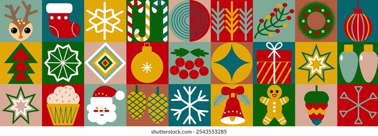 Christmas abstract geometric background in bauhaus style. Seamless festive vector mosaic, minimal scandinavian ornament. Merry Christmas, wallpaper, banner, festive cover design. Winter holiday.