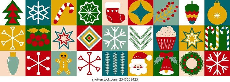 Christmas abstract geometric background in bauhaus style. Seamless festive vector mosaic, minimal scandinavian ornament. Merry Christmas, wallpaper, banner, festive cover design. Winter holiday.