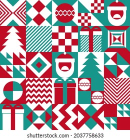 Christmas abstract geometric background with simple shapes, santa claus. Creative modern grafic art. Vector illustration, flat style, geometry. Seamless pattern for gift packaging, branding, textile