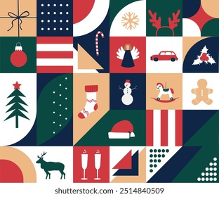 Christmas abstract geometric background with simple figures in the Bauhaus style. Vector illustration.