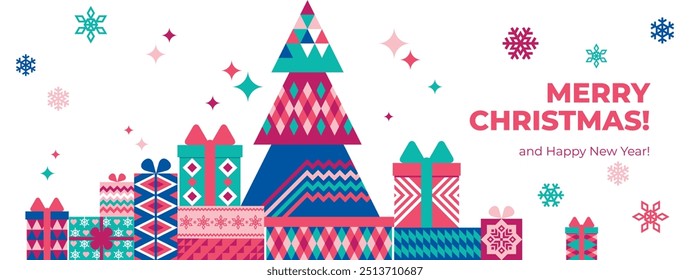Navidades de fondo geométrico abstracto con un árbol y muchos regalos en un hermoso paquete con diferentes patrones. Anuncio de Navidades pegadizas brillantes con regalos, árbol creativo, copos de nieve y destellos.