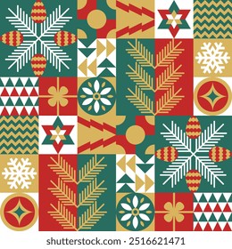 Christmas abstract geometric pattern with fir branch and pine cones, snowflake, decorations, ornament. Background, texture for paper, fabric, textile, packaging, souvenirs