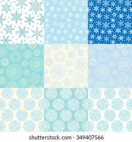 Christmas abstract geometric patterns set. Nine vector seamless doodle linear backgrounds. Ornaments, snowflakes, stars, brush lines collection. 