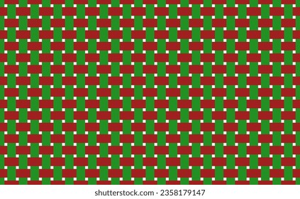 Abstraktes geometrisches, nahtloses Muster mit roten und grünen Rechtecken Korbgewebe Textur. Vektorverstärkter Hintergrund.