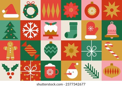 Christmas abstract geometric seamless pattern with holiday icons   for wrapping paper, background, wallpaper. Trendy modern festive print. Red, green, gold colors.