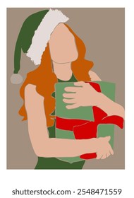 Christmas Abstract Gift Card Or Background Girl Portrait With A Gift In Santa Green Costume Aesthetic Vector Design