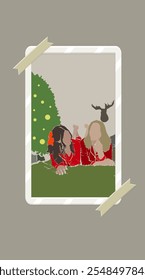 Christmas Abstract Gift Card Or Background Two Girls In Pajamas Laying On The Bed Under The Christmas Tree Poster Illustration  In Frame Social Media Stories Picture Vector Design