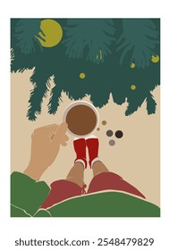Christmas Abstract Gift Card Poster Or Background Cup A Coffee Or Tea Under The Christmas Tree Green Sweater Red Socks Aesthetic Vector Design