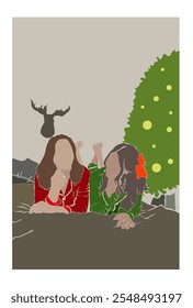 Christmas Abstract Gift Card Poster Or Background Two Girls In Pajamas Laying On The Bed Under The Christmas Tree Friends Party Vector Design