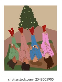 Christmas Abstract Gift Card Poster Or Background Four Girls Laying On The Bed Under The Christmas Tree Friends Pajama Party Vector Design