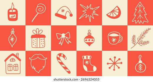 Christmas abstract horizontal background. Checkered print with hand drawn elements. Concept minimal season design. Red and beige colors. Vector colorful illustration