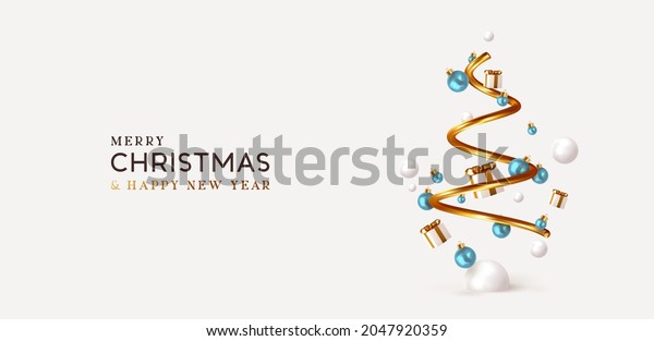 Christmas Abstract minimal design, golden\
metallic cone spiral tree, with realistic holiday baubles round\
balls. Xmas decorative 3D objects. Christmas and New Year\
background. vector\
illustration