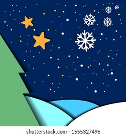 Christmas abstract paper cut illustration of snow, star and the tree. Vector colorful template greeting card in carving art style.