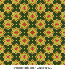 Patrón abstracto de Navidad. Patrón luminoso y sin fisuras con estrellas y copos de nieve sobre un fondo. Textura festiva simple geométrica. Ciruela de mosaico. Ilustración vectorial controlada. Rojo, verde oscuro, verde.